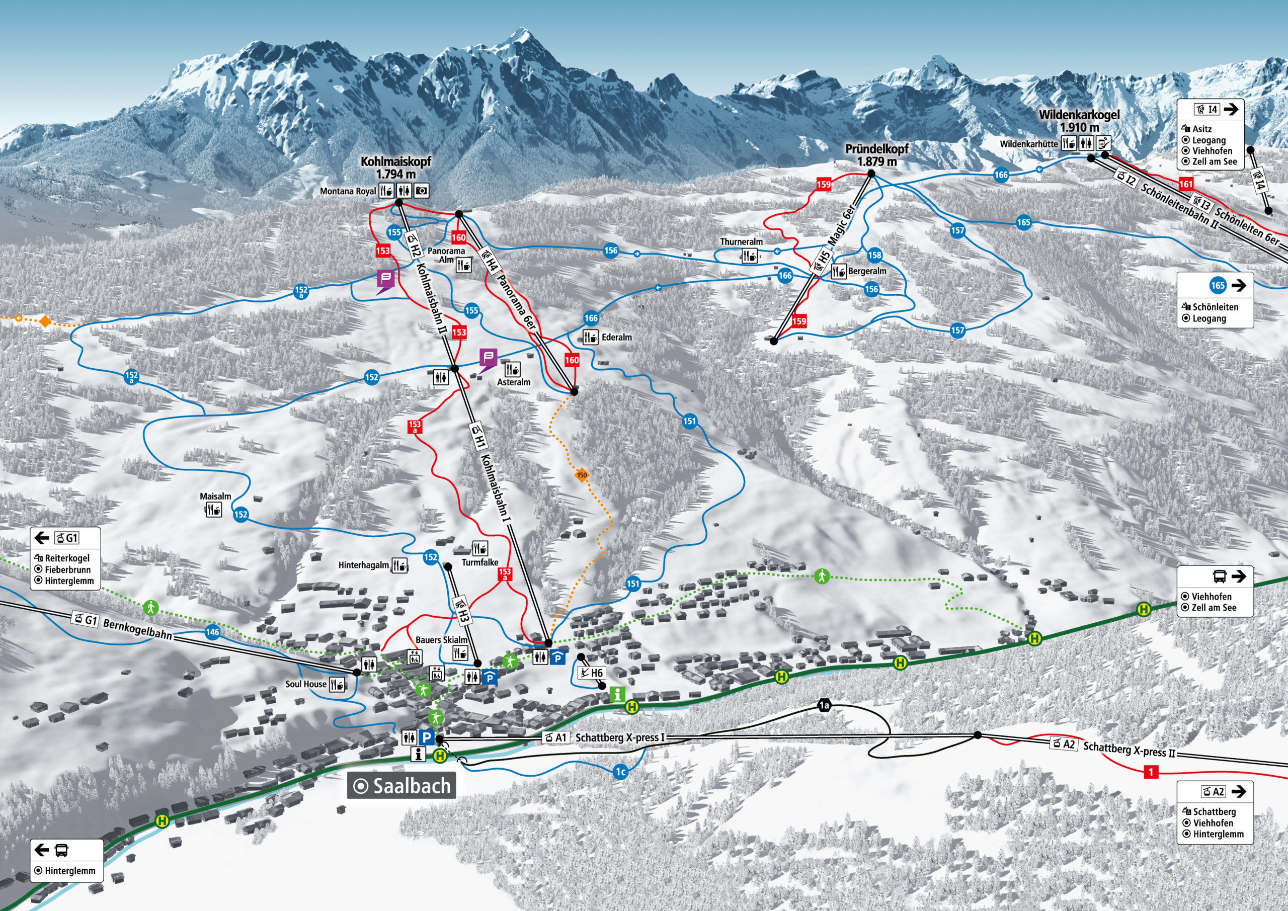 3D Pistenplan und Panoramakarte Skicircus Saalbach Hinterglemm Leogang Fieberbrunn Zone H Kohlmais