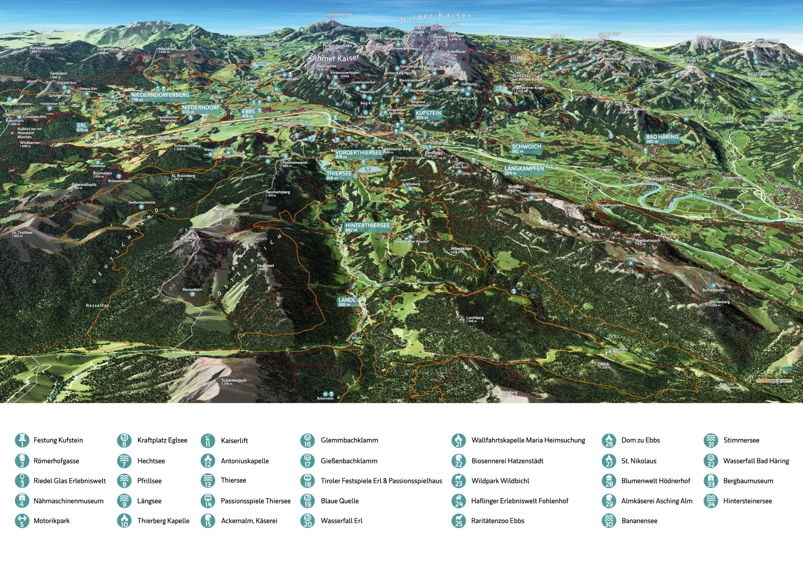 3D Panoramakarte Kufsteinerland Tirol - Wandern