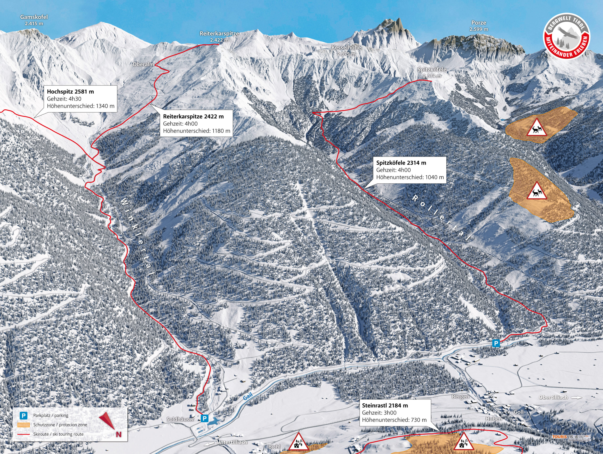 3D Panoramakarte - Skitourenlenkung Land Tirol - Obertilliach Spitzköfele