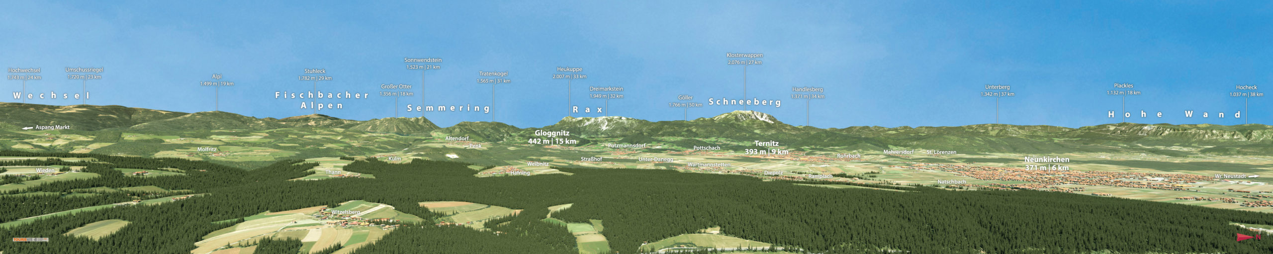 3D Gipfelpanorama Meilensteinweg Aussichtspunkt Türkensturz - Niederösterreich