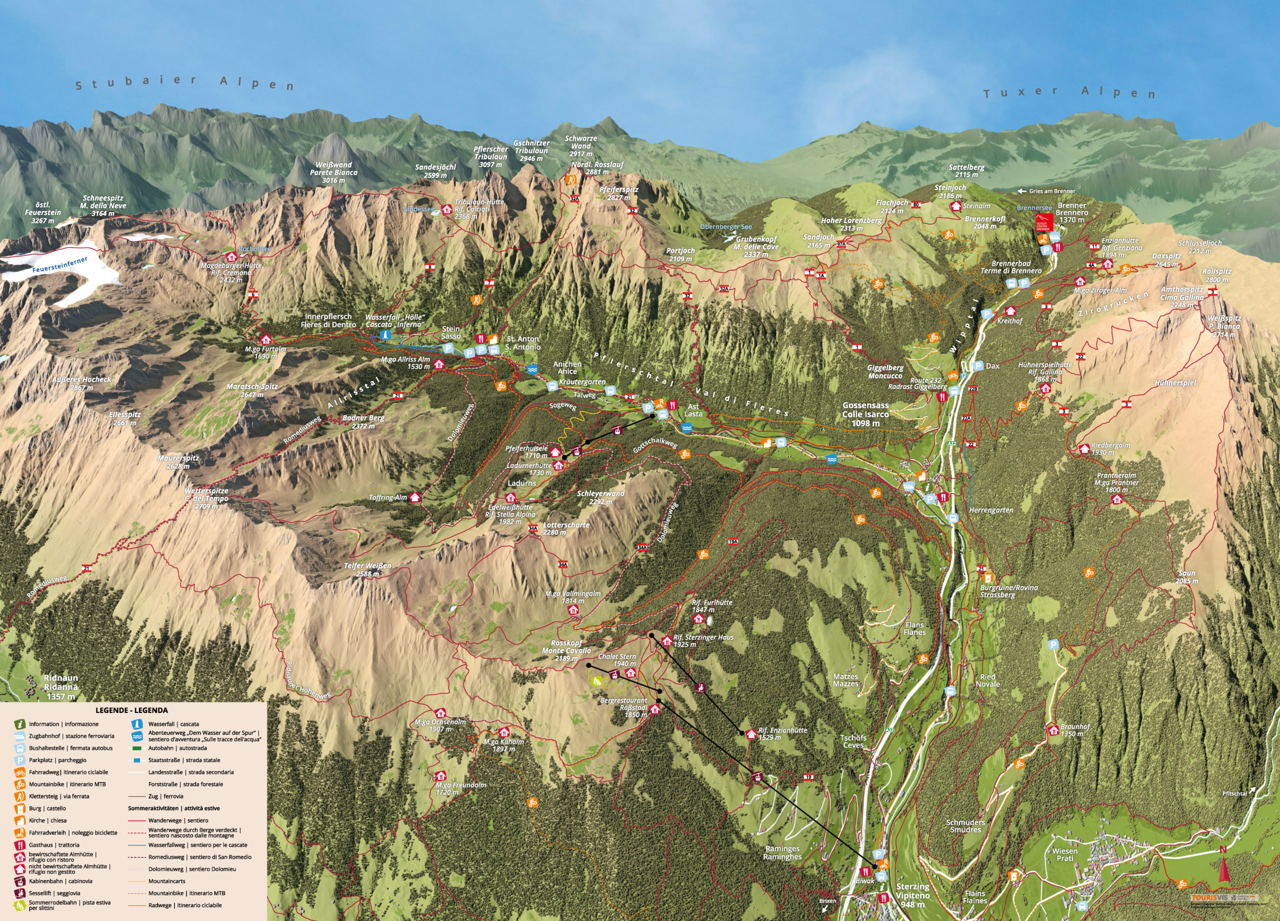 3D Panoramakarte Gossensass - Sommerpanorama Wandern Südtirol