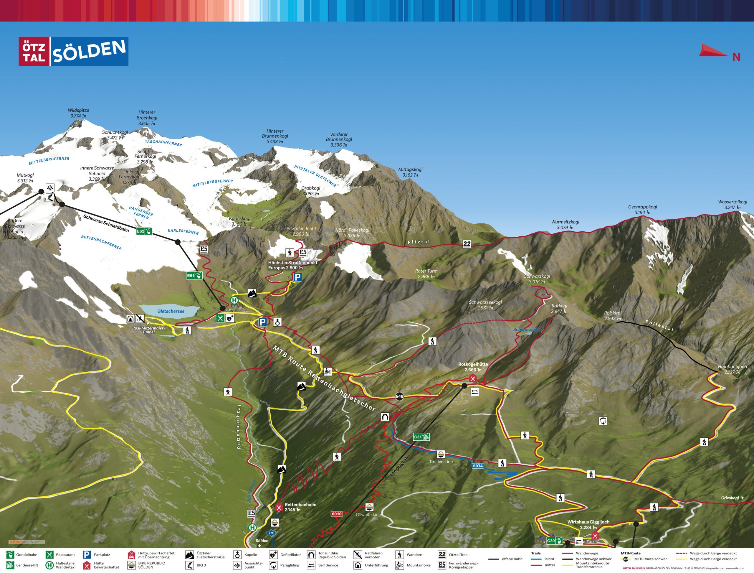 3D Panoramakarte Rotkogljoch Sölden Ötztal - Wandern und Mountainbike