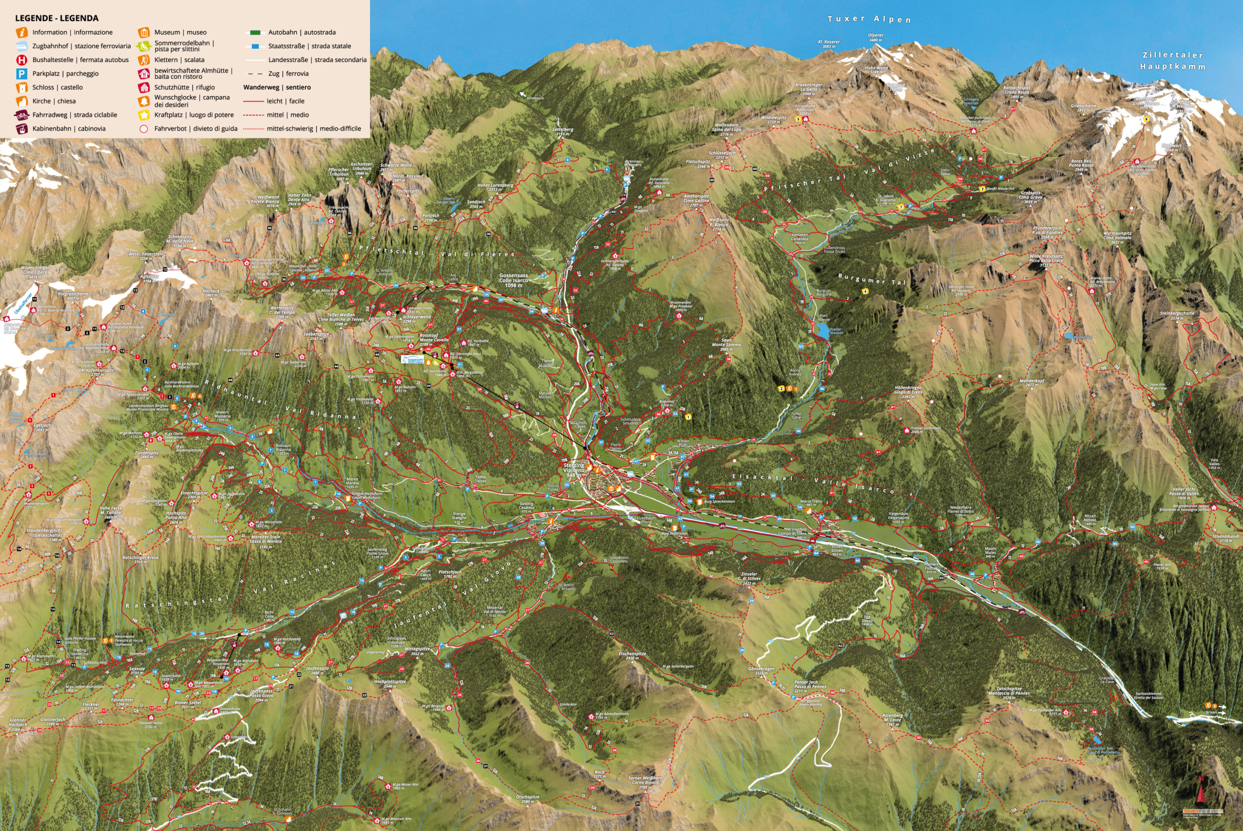 3D Panoramakarte Regionsansicht Sterzing Südtirol - Wandern
