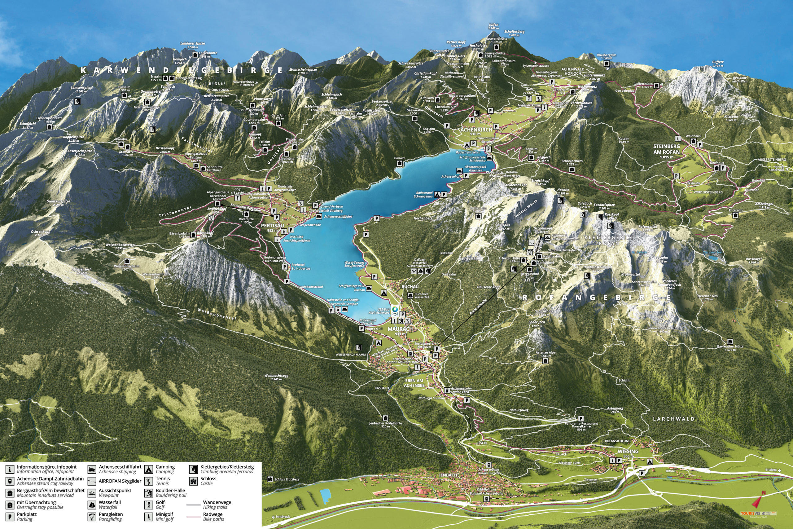 3D Panoramakarte - Sommerpanorama Achensee Tirol - Wandern und Radfahren