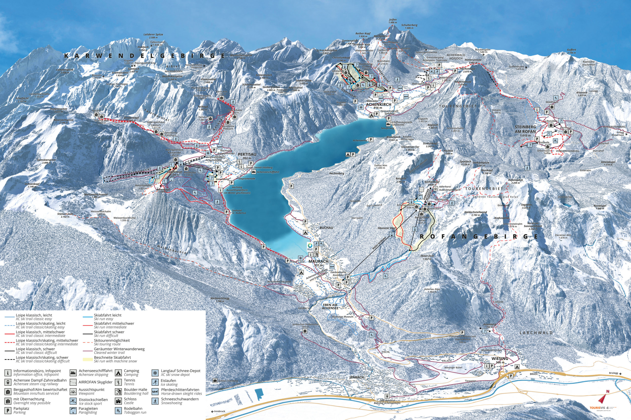 3D Panoramakarte - Sommerpanorama Achensee Tirol - Skifahren, Langlaufen, Skitouren, Winterwandern